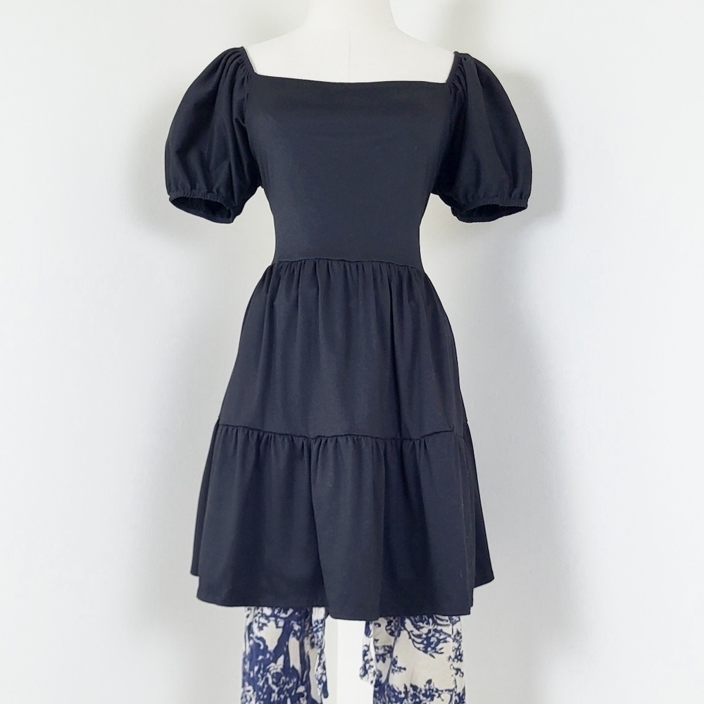 Black Mini Puff Sleeve Dress Milkmaid Peasant Size XL - Picture 2 of 10